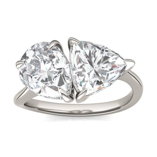 3.70 CTW DEW Pear and Trillion Forever One Moissanite Asymmetrical Toi et Moi Ring 14K White Gold