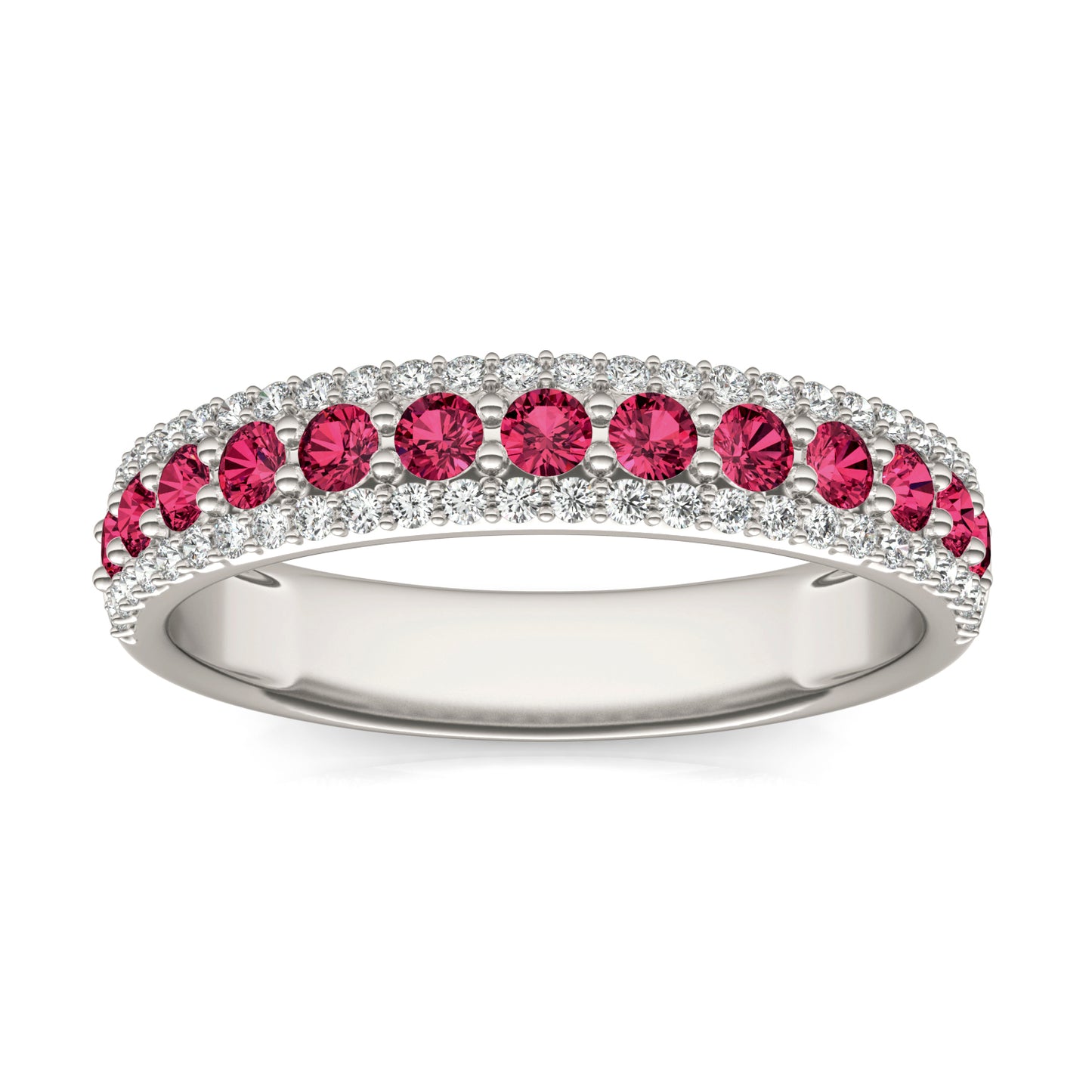 1/4 CTW Round Caydia Lab Grown Diamond Three Row Band Ring 14K White Gold featuring Created Ruby
