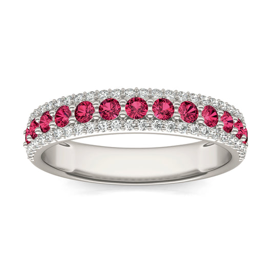 1/4 CTW Round Caydia Lab Grown Diamond Three Row Band Ring 14K White Gold featuring Created Ruby