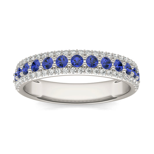1/4 CTW Round Caydia Lab Grown Diamond Three Row Band Ring 14K White Gold featuring Created Sapphire