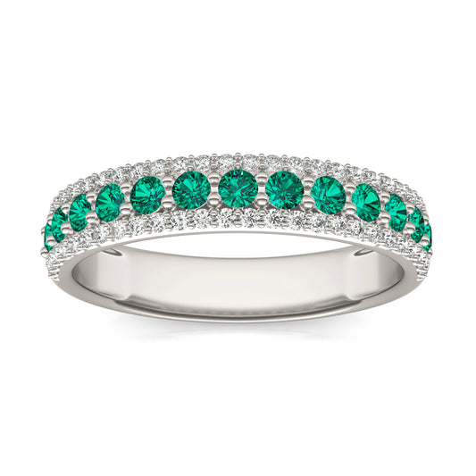 1/4 CTW Round Caydia Lab Grown Diamond Three Row Band Ring 14K White Gold featuring Created Emerald