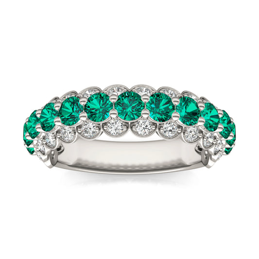 1/2 CTW Round Caydia Lab Grown Diamond Three Row Ring 14K White Gold featuring Created Emerald