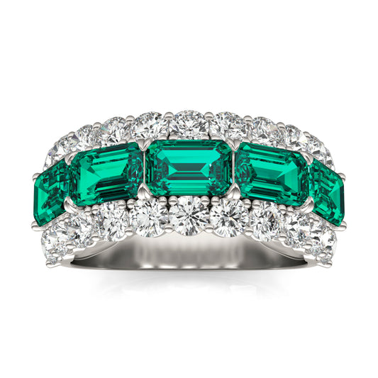 1 3/4 CTW Round Caydia Lab Grown Diamond Three Row Ring 14K White Gold featuring Created Emerald