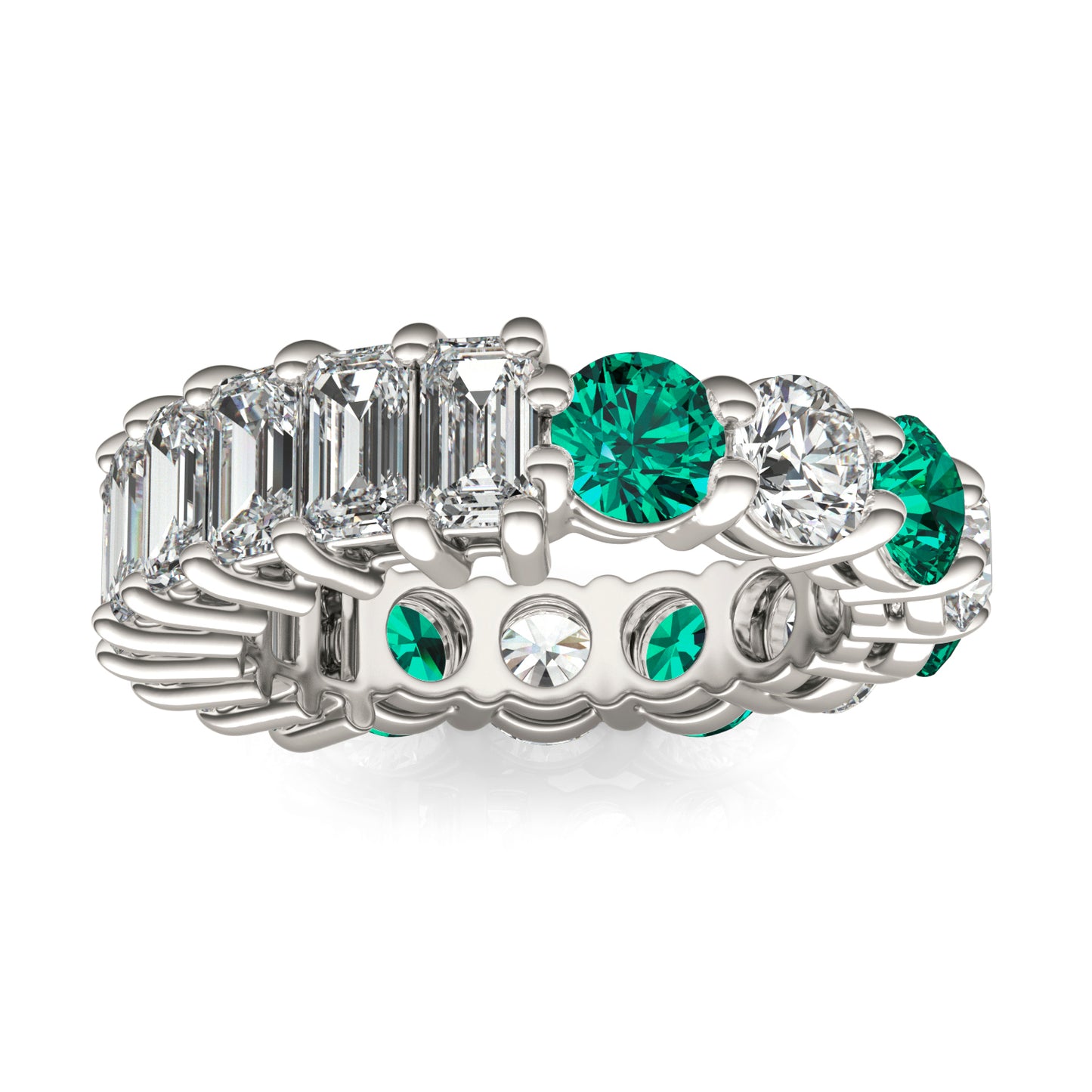3 1/2 CTW Round Caydia Lab Grown Diamond Couture Two Sided Eternity Ring 14K White Gold featuring Created Emerald