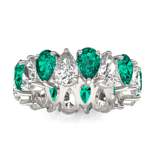 3 CTW Pear Caydia Lab Grown Diamond Couture Alternating Eternity Ring 14K White Gold featuring Created Emerald