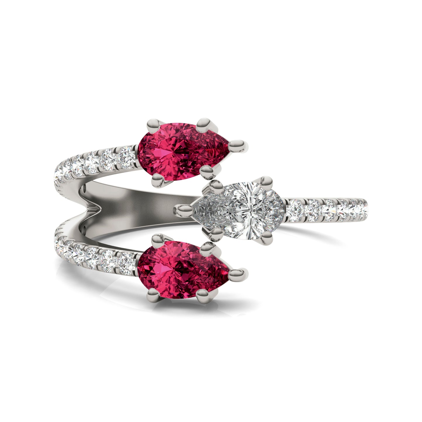 3/4 CTW Pear Caydia Lab Grown Diamond Couture Three Stone Fashion Ring 14K White Gold featuring Created Ruby