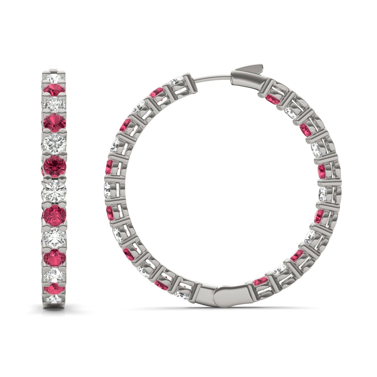 4 1/15 CTW Round Caydia Lab Grown Diamond Couture Classic Inside Out Hoop Earrings 14K White Gold featuring Created Ruby