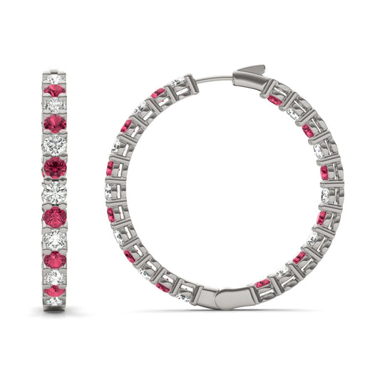 4 1/15 CTW Round Caydia Lab Grown Diamond Couture Classic Inside Out Hoop Earrings 14K White Gold featuring Created Ruby