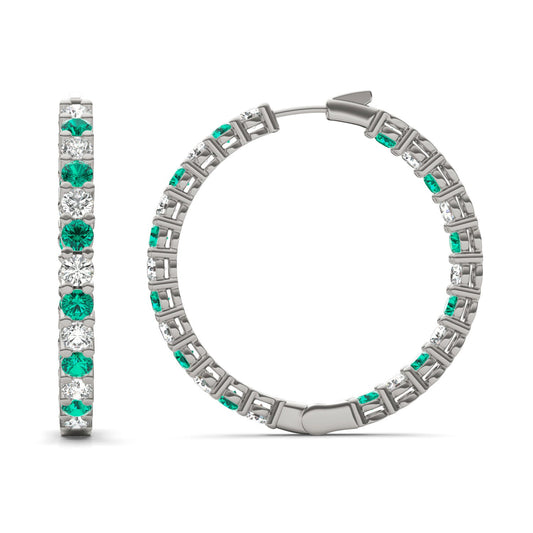 4 1/15 CTW Round Caydia Lab Grown Diamond Couture Classic Inside Out Hoop Earrings 14K White Gold featuring Created Emerald