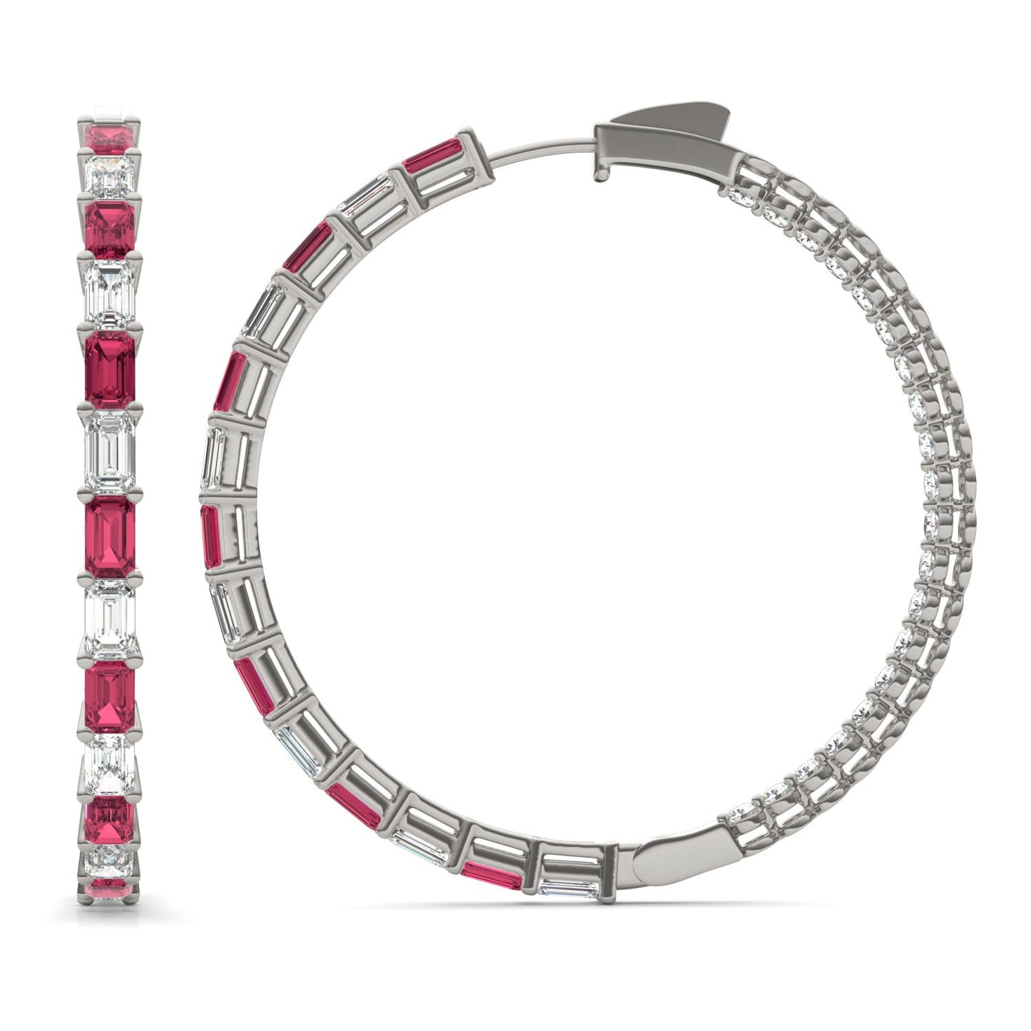 7 CTW Emerald Caydia Lab Grown Diamond Couture Multi Stone Inside Out Hoop Earrings 14K White Gold featuring Created Ruby