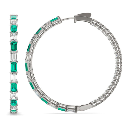 7 CTW Emerald Caydia Lab Grown Diamond Couture Multi Stone Inside Out Hoop Earrings 14K White Gold featuring Created Emerald