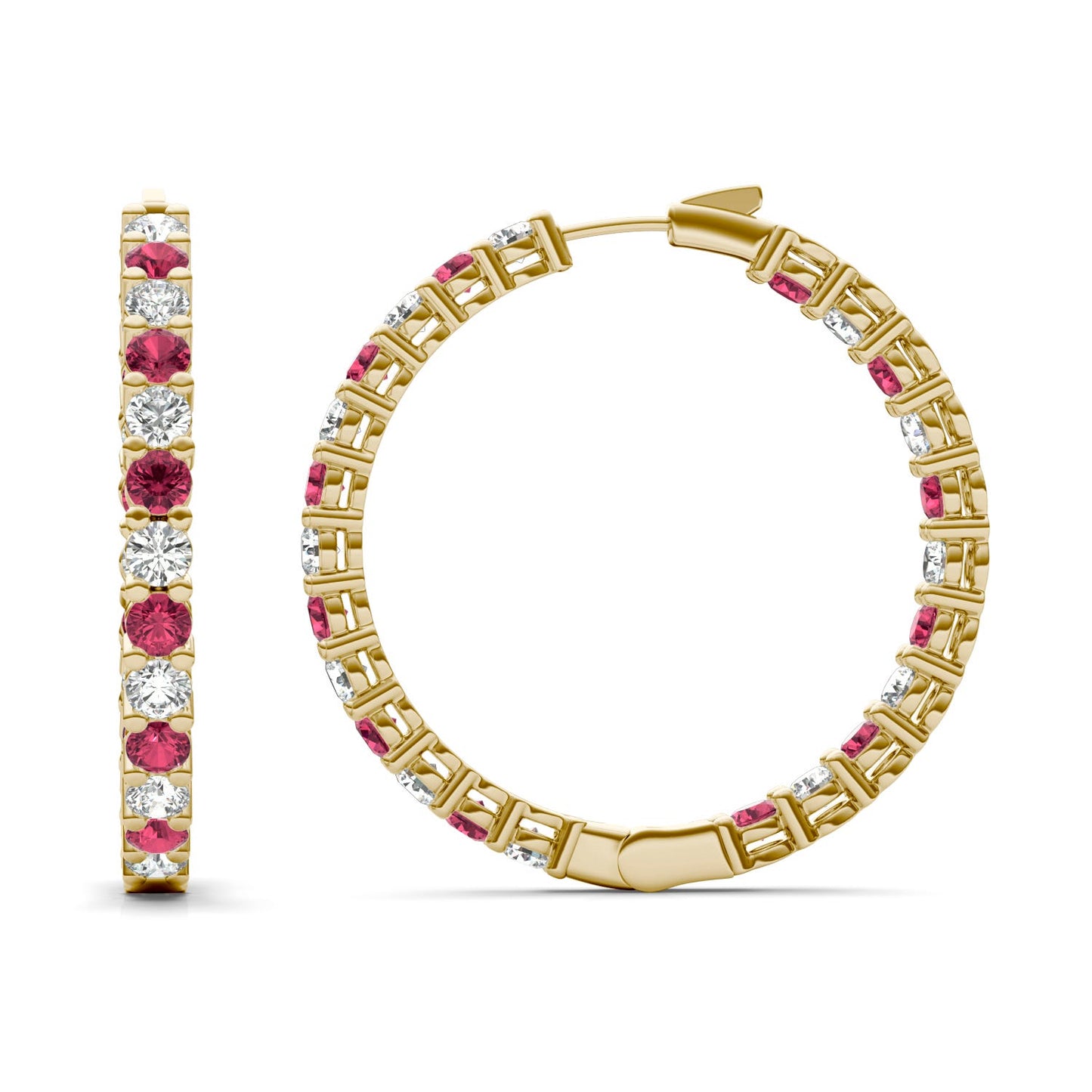 4 1/15 CTW Round Caydia Lab Grown Diamond Couture Classic Inside Out Hoop Earrings 14K Yellow Gold featuring Created Ruby