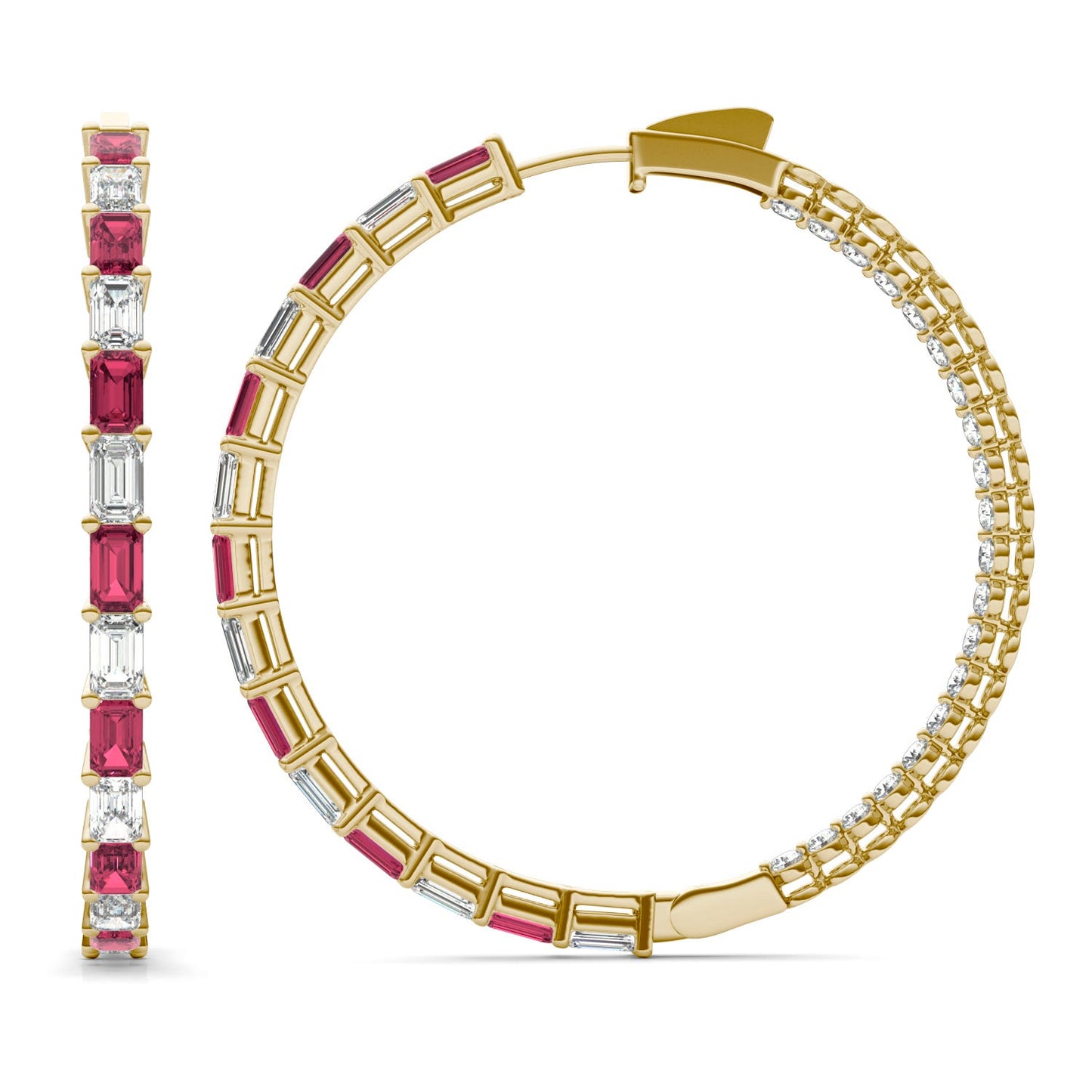 7 CTW Emerald Caydia Lab Grown Diamond Couture Multi Stone Inside Out Hoop Earrings 14K Yellow Gold featuring Created Ruby
