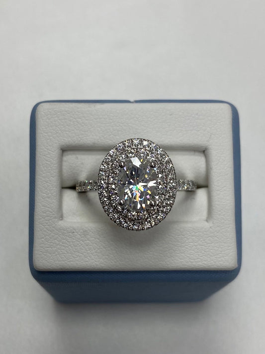 2.21 CTW DEW Oval Forever One Moissanite Double Halo with Side Accents Engagement Ring in 14K White Gold, Size 7.0